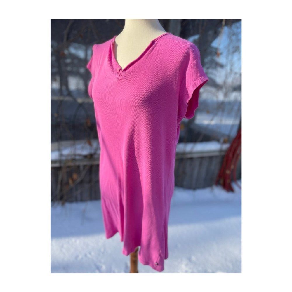 Tommy Hilfiger Sleepwear Sleep Shirt Hot Pink Ribbed Cotton 1/4 Button Up Short